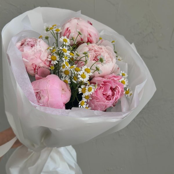Bouquet of light pink peonies and white chamomile flowers wrapped in soft white paper.