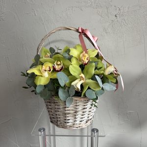 Wicker basket filled with yellow-green cymbidium orchids and eucalyptus, finished with a pink ribbon.