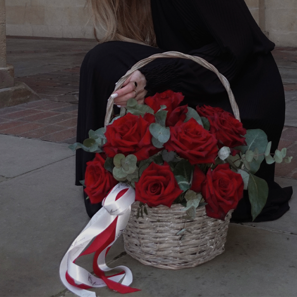 Red French roses basket with eucalyptus foliage, hand-arranged by KS Bloomery in Northampton